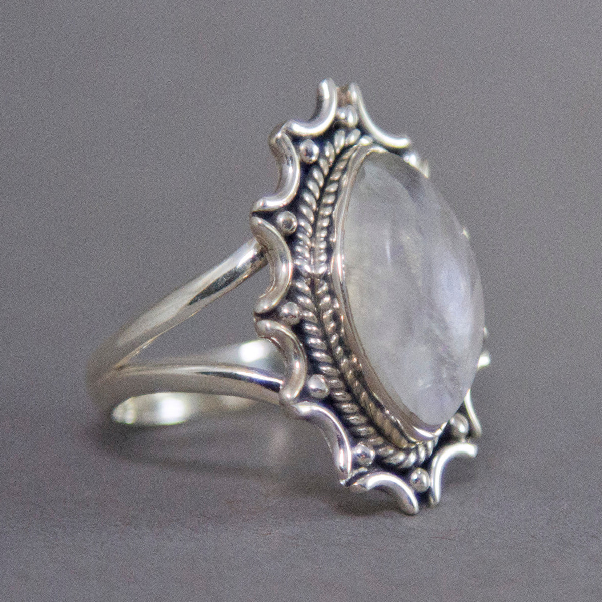 Rainbow Moonstone Marquise Starburst Sterling Silver Ring US 9 SS-010