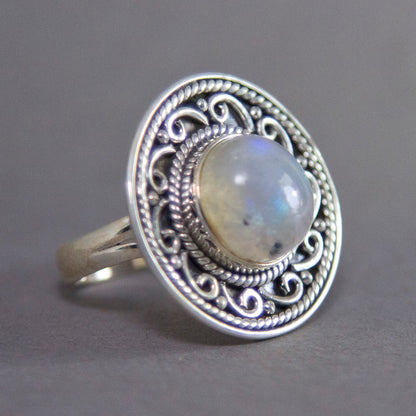 Rainbow Moonstone Round Scrollwork Sterling Silver Ring US 8 SS-014