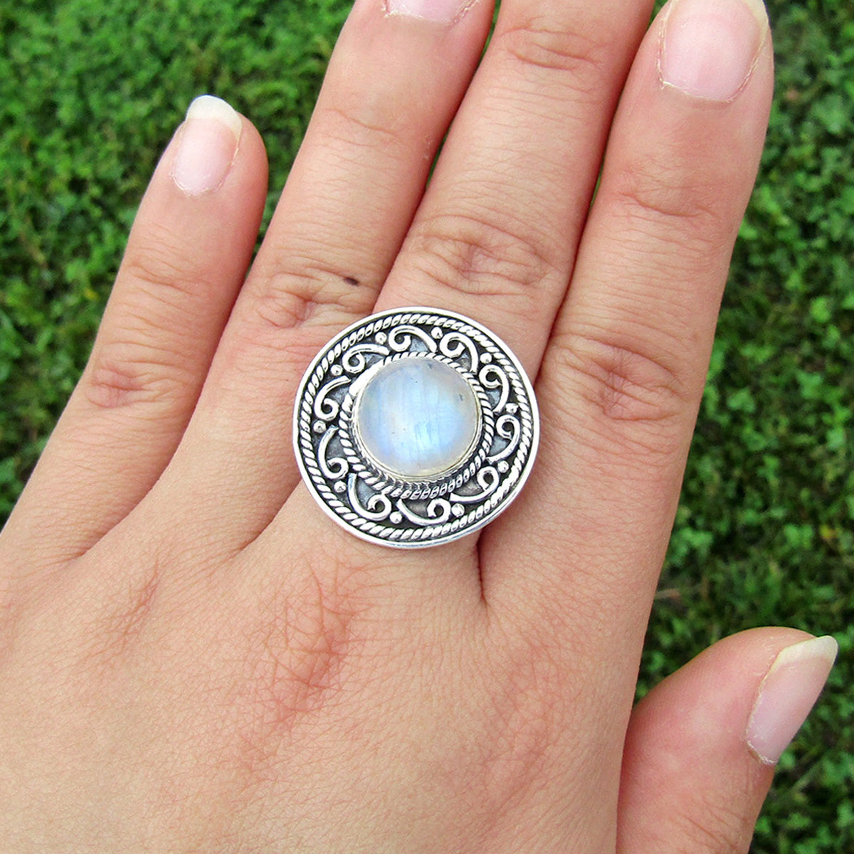 Rainbow Moonstone Round Scrollwork Sterling Silver Ring US 8 SS-014