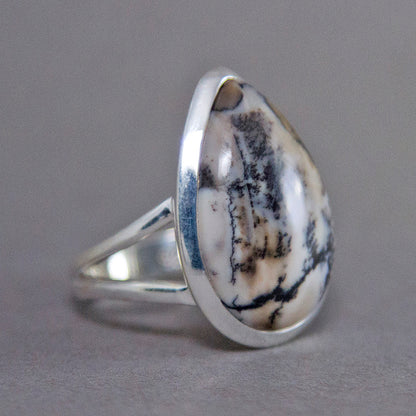 Dendritic Agate Teardrop Classic Sterling Silver Ring US 7 SS-016