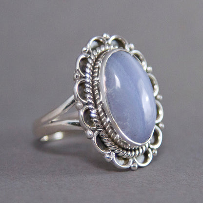 Blue Lace Agate Oval Blossom Sterling Silver Ring US 7.5 SS-026