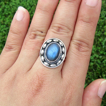 Labradorite Oval Dewdrop Sterling Silver Ring US 8 SS-027