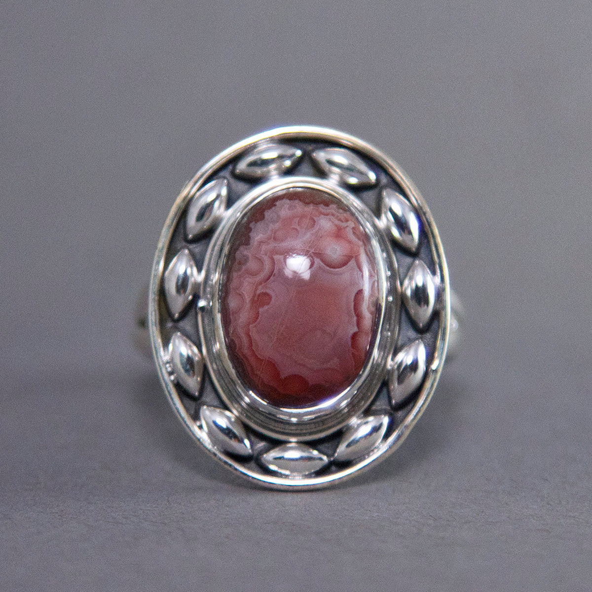 Crazy Lace Agate Oval Dewdrop Sterling Silver Ring US 9 SS-030