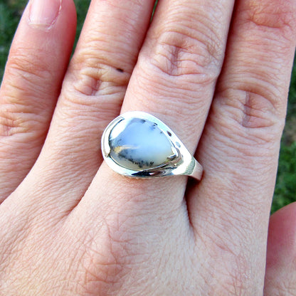 Dendritic Opal Teardrop Unique Sterling Silver Ring US 9 SS-051