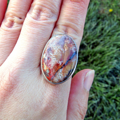 Crazy Lace Agate Large Oval Classic Sterling Silver Ring US 8 SS-053