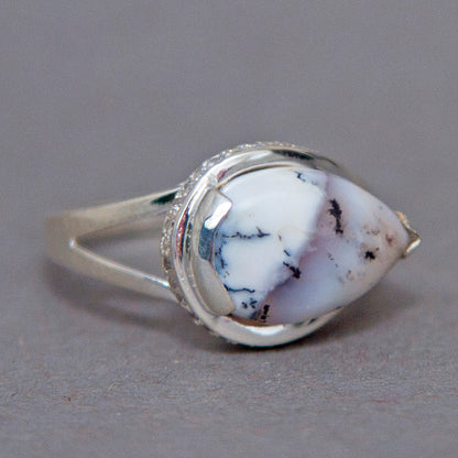 Dendritic Opal Teardrop Unique Sterling Silver Ring US 9 SS-054