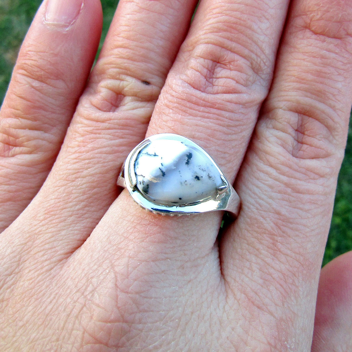 Dendritic Opal Teardrop Unique Sterling Silver Ring US 9 SS-054