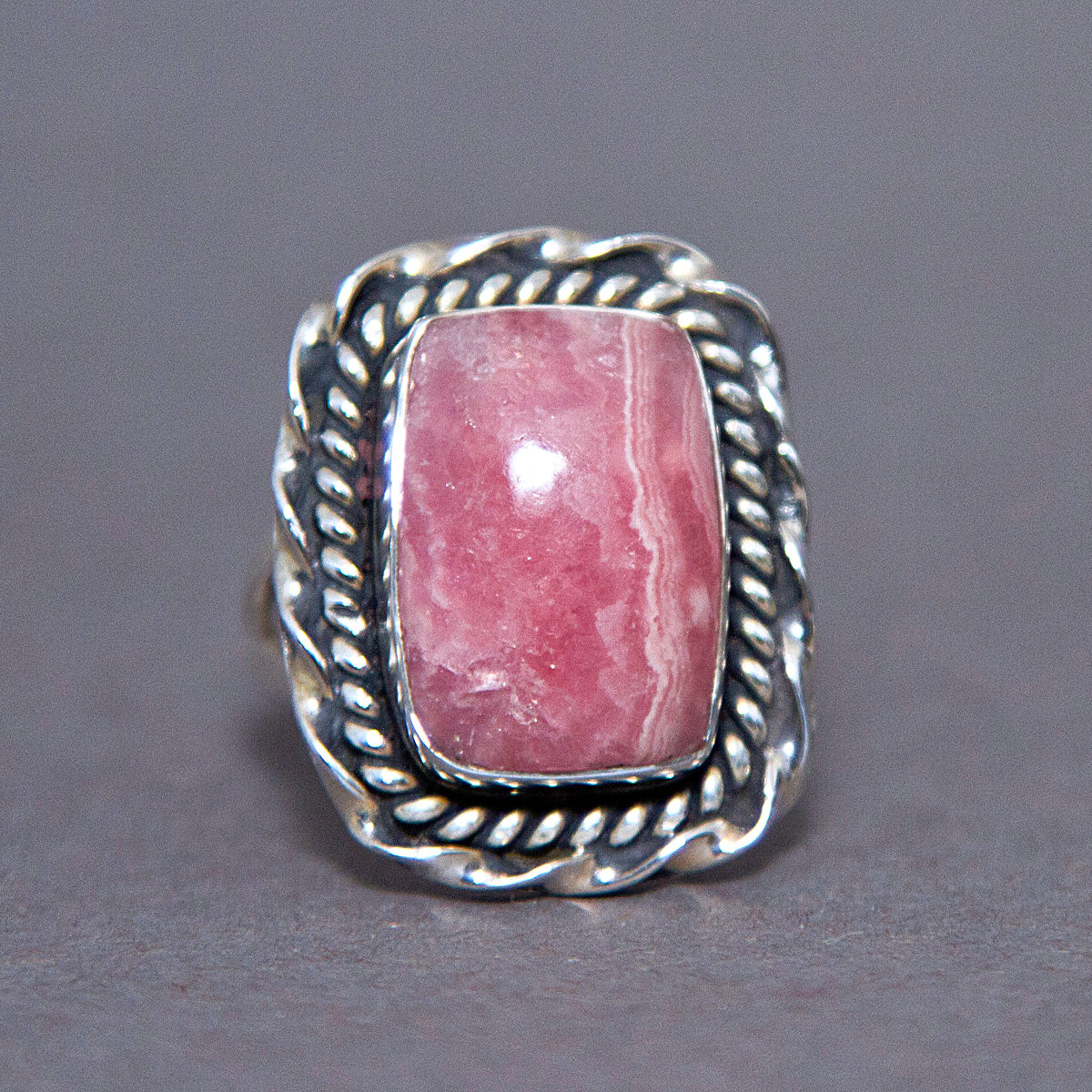 Rhodochrosite Rectangle Entwine Sterling Silver Ring US 5.5 SS-056