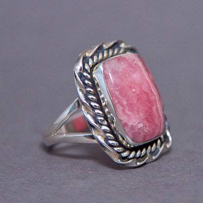 Rhodochrosite Rectangle Entwine Sterling Silver Ring US 5.5 SS-056