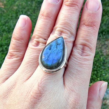 Labradorite Large Teardrop Classic Sterling Silver Ring US 8 SS-057