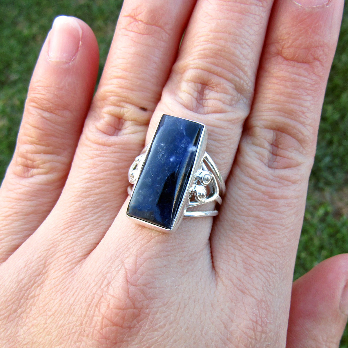 Sodalite Rectangle Intricate Sterling Silver Ring US 7.5 SS-059