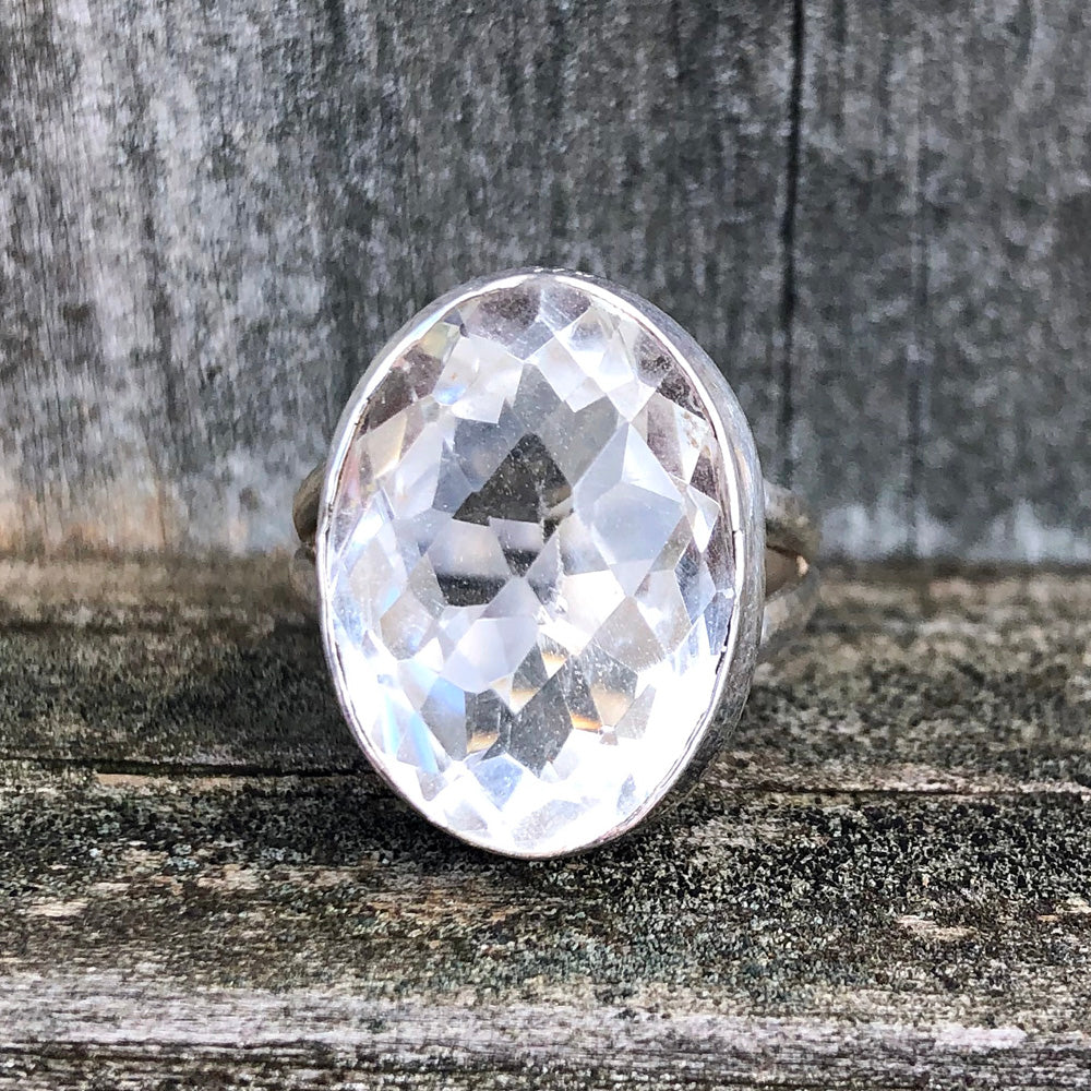 Crystal Quartz Oval Checkerboard Sterling Silver Ring US 7.5 SS-077