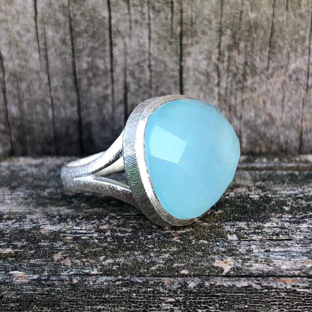 Aquamarine Checkerboard Egg Sterling Silver Ring US 7 SS-081