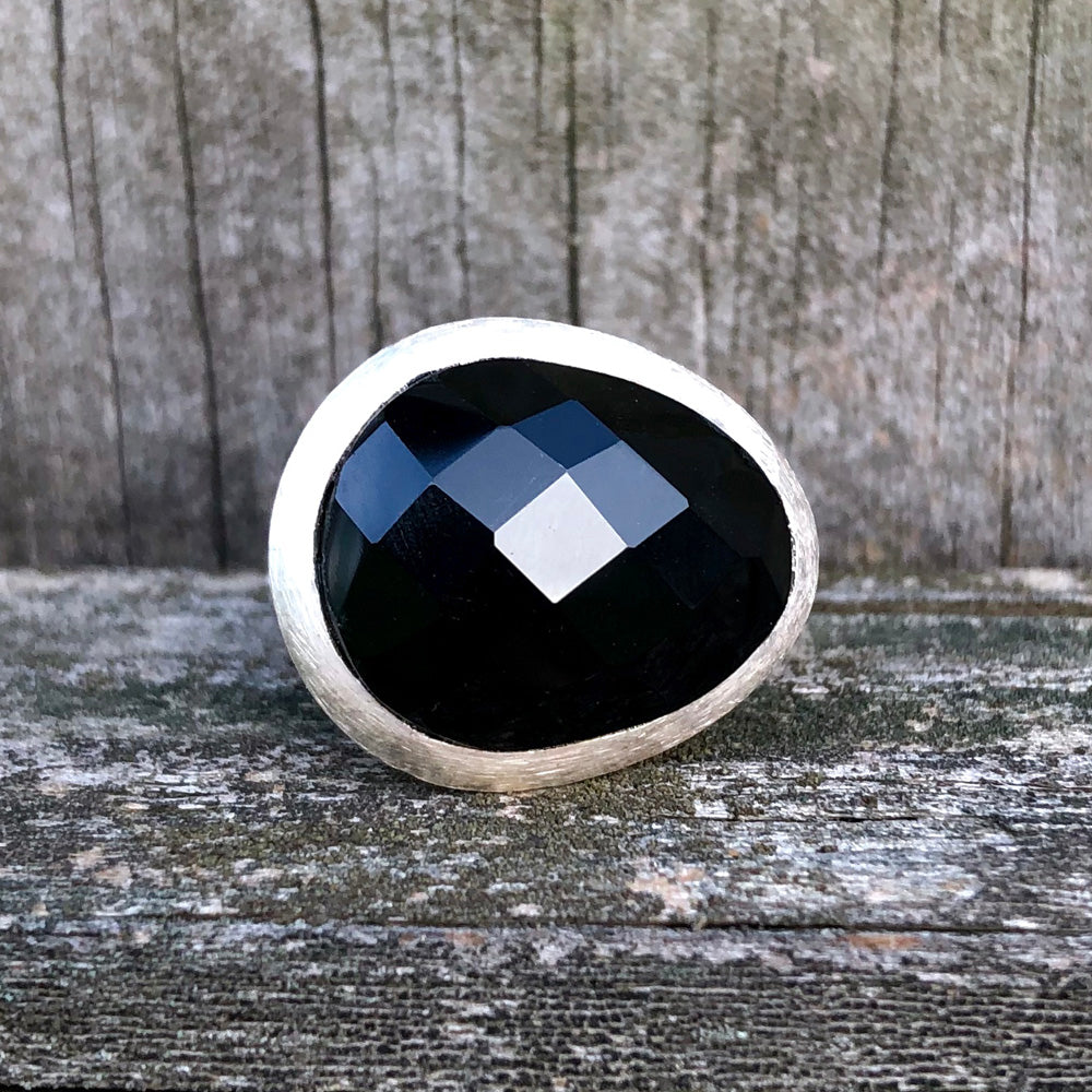 Black Onyx Checkerboard Egg Sterling Silver Ring US 6.5 SS-083