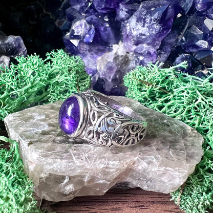 Amethyst Oval Scrollwork Sterling Silver Ring US 7 SS-092