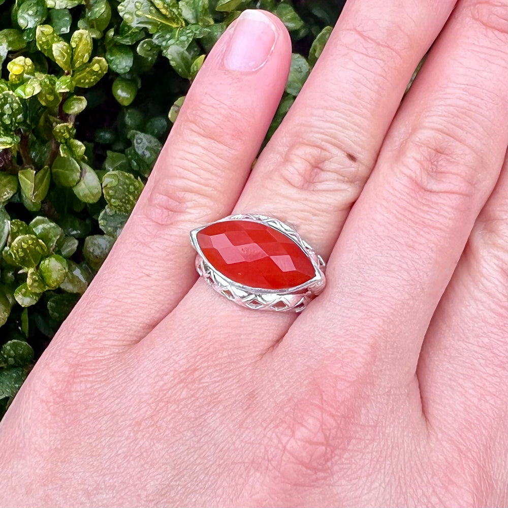 Carnelian Faceted Marquise Unique Sterling Silver Ring US 6 SS-094