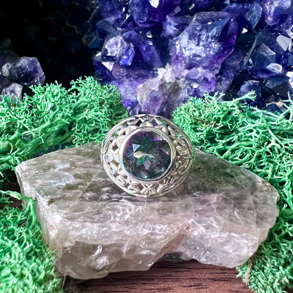 Mystic Topaz Floral Filigree Sterling Silver Ring US 8 SS-095
