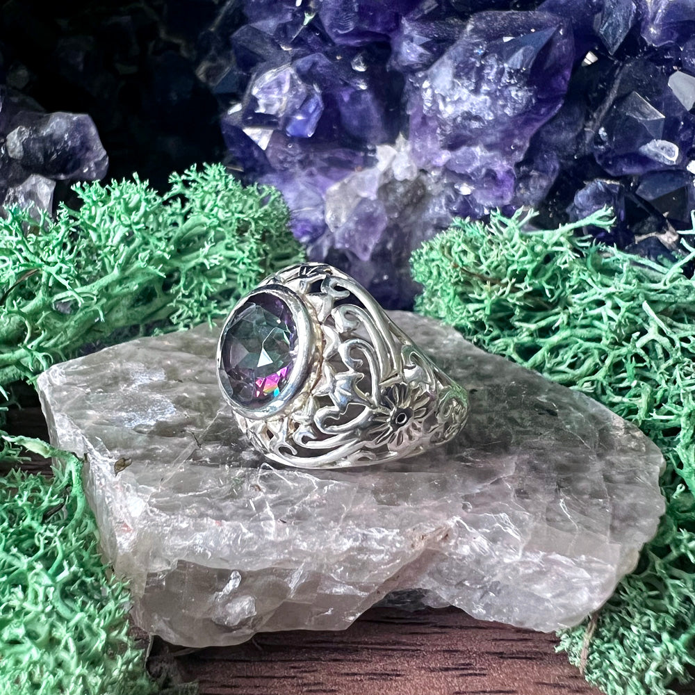 Mystic Topaz Floral Filigree Sterling Silver Ring US 8 SS-095