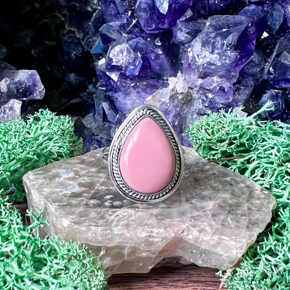 Pink Opal Teardrop Braided Sterling Silver Ring US 9 SS-102