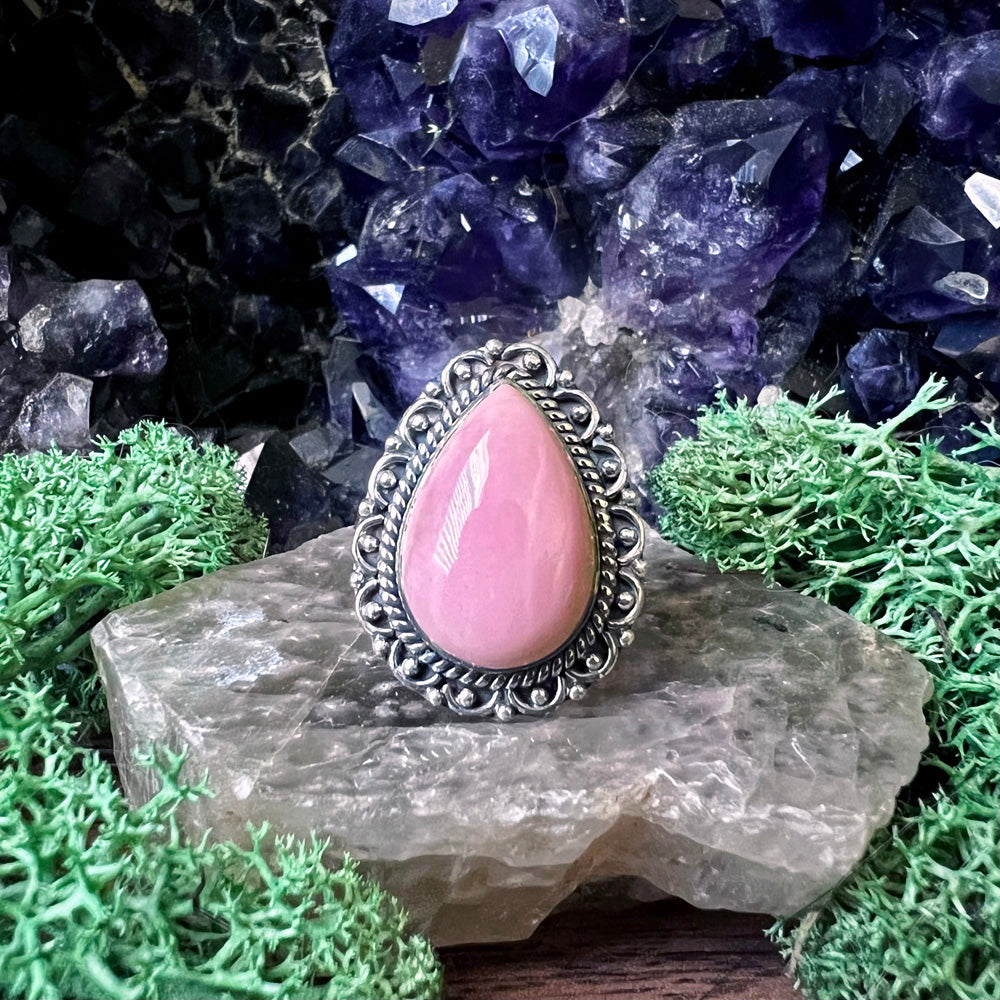 Pink Opal Teardrop Blossom Sterling Silver Ring US 9.5 SS-116