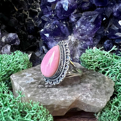 Pink Opal Teardrop Blossom Sterling Silver Ring US 9.5 SS-116