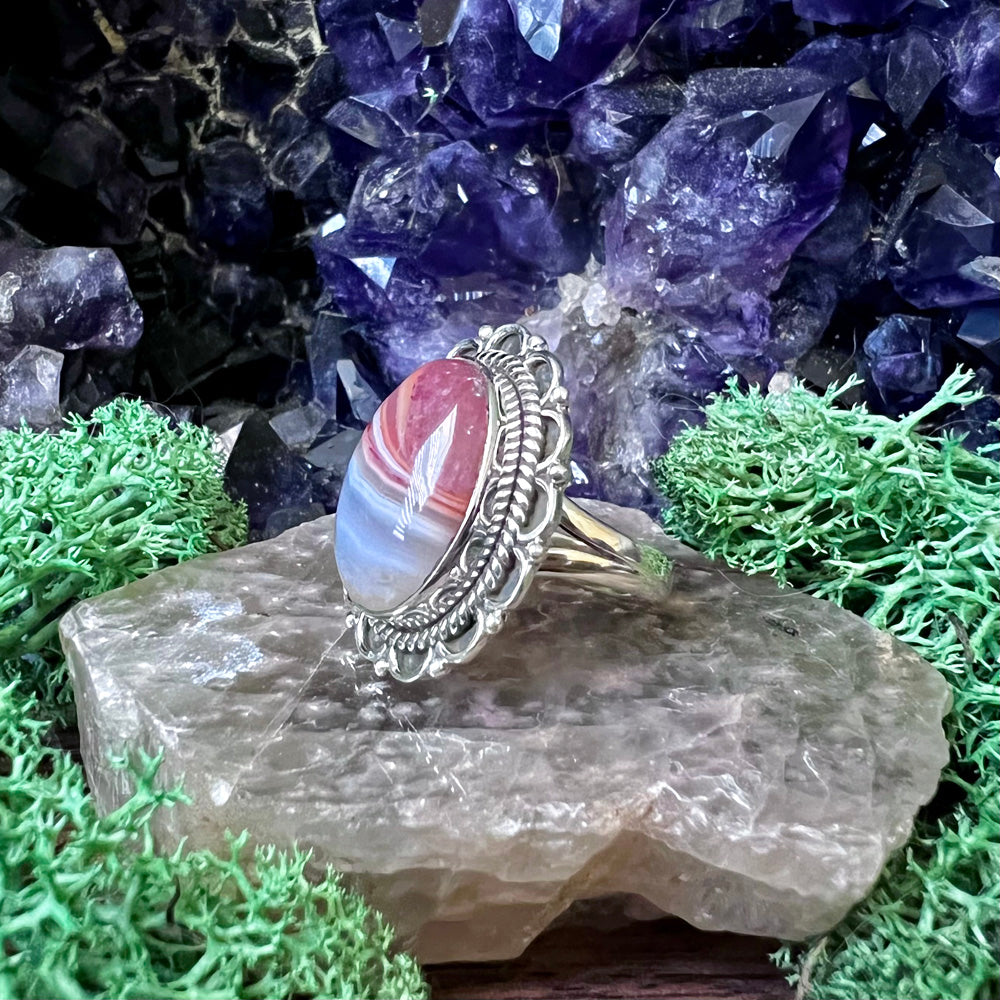 Banded Agate Oval Blossom Sterling Silver Ring US 6 SS-117