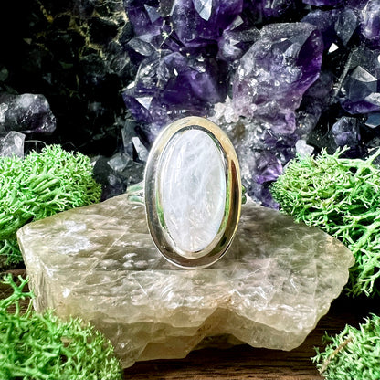 Rainbow Moonstone Oval Edge Sterling Silver Ring US 11 SS-129