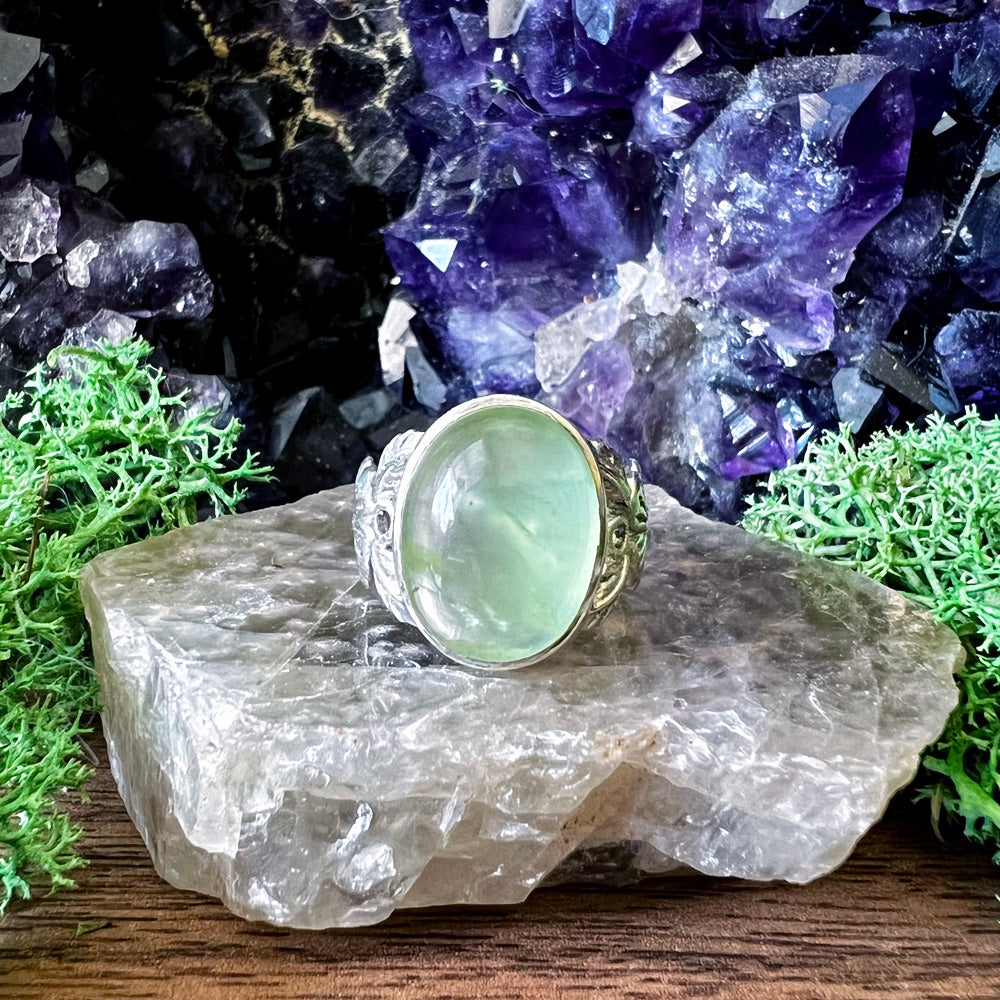 Prehnite Oval Floral Sterling Silver Ring US 7.5 SS-133